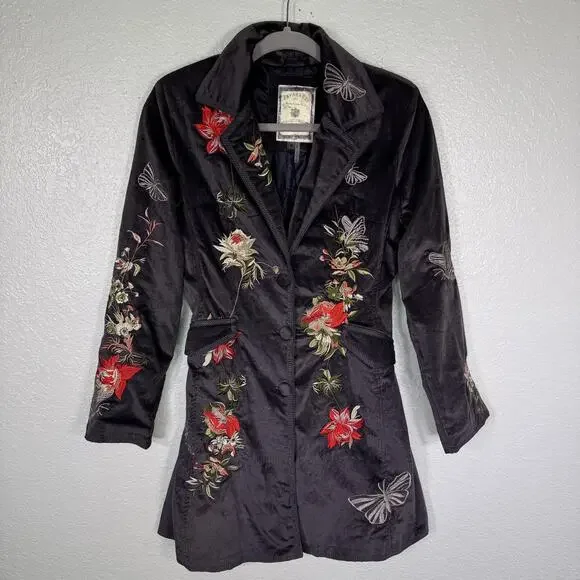 Paparazzi By Biz Coat Womens Small Velvet Embroidered Floral Butterfly Boho - Picture 1 of 12